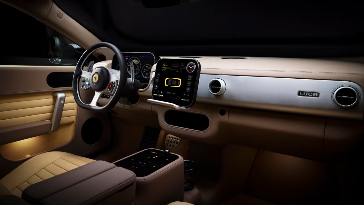 Ferrari Luce interior — steering wheel and tactile HMI